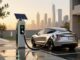 Electric car charging at solar-powered station.