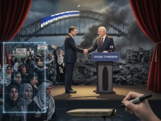 Politicians shaking hands amid protest and destruction.
