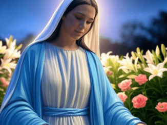 Woman in blue robe with flowers background.