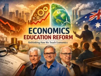 Economics education reform concept with three men.