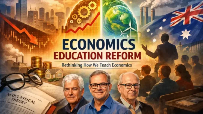Economics education reform concept with three men. Economics education reform concept with three men.