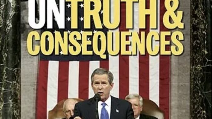 Politician speaking with "Untruth & Consequences" text. Politician speaking with "Untruth & Consequences" text.