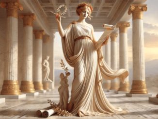 Goddess statue in ancient Greek temple setting.