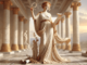 Goddess statue in ancient Greek temple setting.