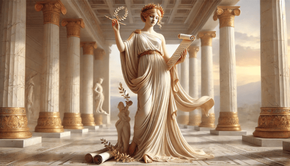 Goddess statue in ancient Greek temple setting.