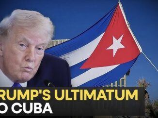 Politician and Cuban flag with ultimatum text.