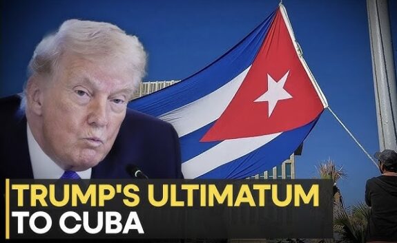 Politician and Cuban flag with ultimatum text.