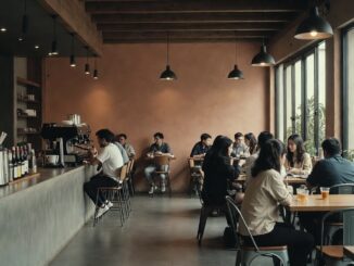 People socializing in modern cafe setting.