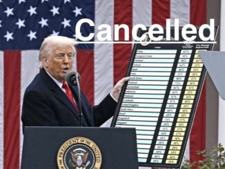 Man presenting chart with "Cancelled" text overlay.