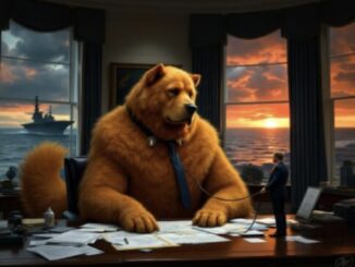 Giant dog at desk with businessman nearby.