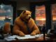 Giant dog at desk with businessman nearby.