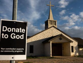 Church with donation sign in foreground.