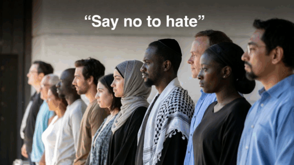Diverse group standing against hate message.