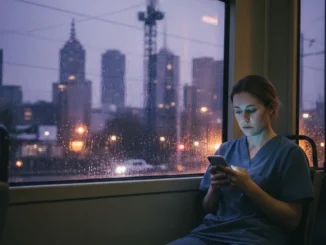 Person in scrubs using phone on train.