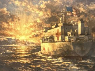 Ship sailing towards sunset with American flag.