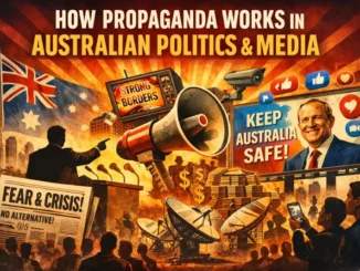 Australian politics and media propaganda illustration.