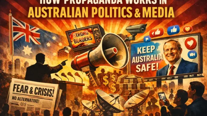Australian politics and media propaganda illustration. Australian politics and media propaganda illustration.