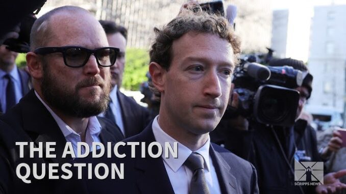 Man in suit surrounded by people, "The Addiction Question".