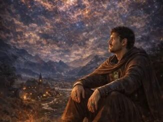 Man gazing at starry sky, mountainous landscape.