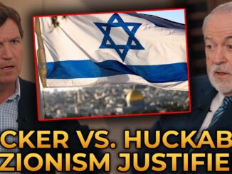 Debate on Zionism with Israeli flag background.