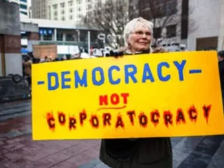 Protester holding "Democracy Not Corporatocracy" sign.