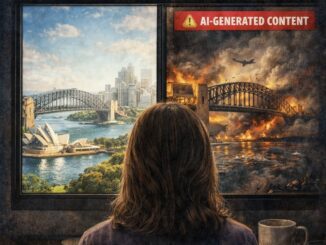 Person viewing contrasting Sydney images on screen.