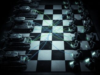Tanks and hackers on a chessboard battleground.