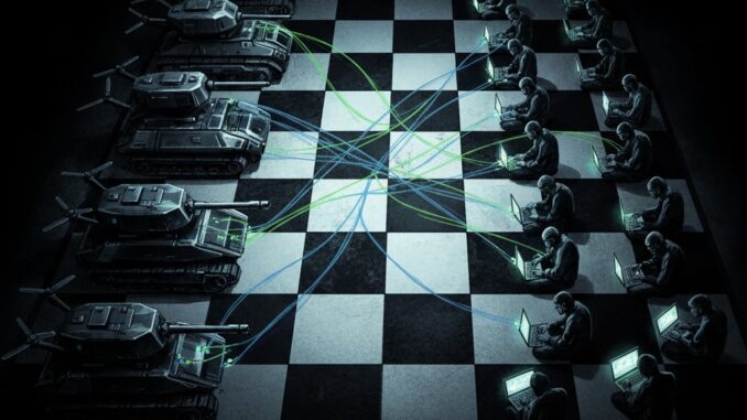 Tanks and hackers on a chessboard battleground. Tanks and hackers on a chessboard battleground.