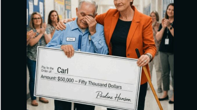 Man receives large check, surrounded by people.
