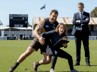 Rugby player and woman on field, clipboard.