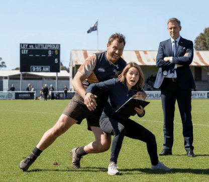 Rugby player and woman on field, clipboard. Rugby player and woman on field, clipboard.