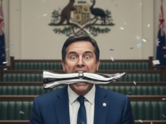 Man balancing metal leg in government chamber.
