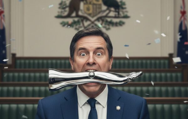 Man balancing metal leg in government chamber. Man balancing metal leg in government chamber.