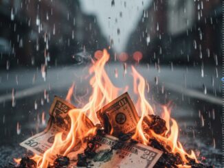 Burning money in rainy street scene.
