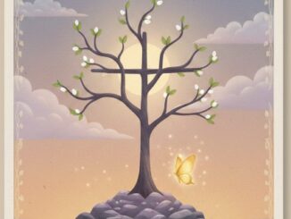 Tree with flowers and butterfly, "Merry Lent".