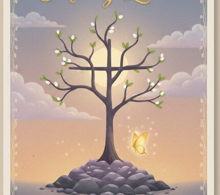 Tree with flowers and butterfly, "Merry Lent". Tree with flowers and butterfly, "Merry Lent".