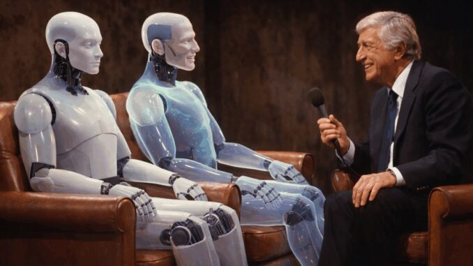 Man interviewing two humanoid robots on stage. Man interviewing two humanoid robots on stage.