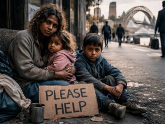 Family sitting on street with help sign.