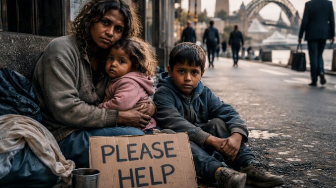 Family sitting on street with help sign.