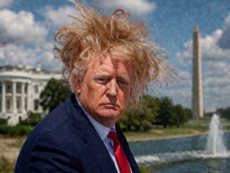 Man with windblown hair near Washington landmarks.