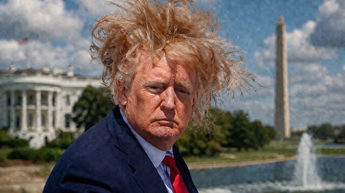 Man with windblown hair near Washington landmarks.