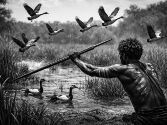 Hunter with spear among flying birds.