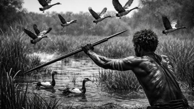 Hunter with spear among flying birds.