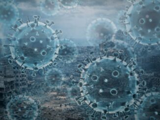 Viruses over war-torn cityscape, gloomy atmosphere.