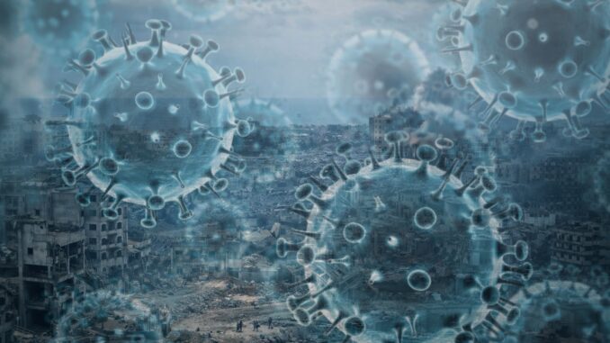 Viruses over war-torn cityscape, gloomy atmosphere.