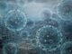 Viruses over war-torn cityscape, gloomy atmosphere.