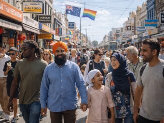 Diverse crowd walking on a busy street.