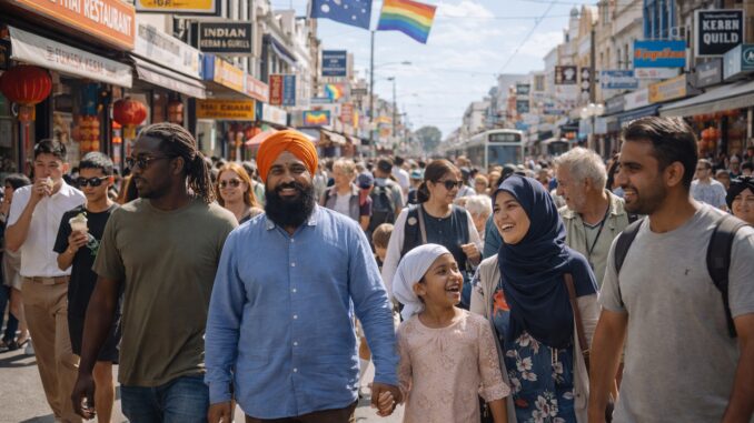 Diverse crowd walking on a busy street.
