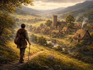 Traveler approaching a medieval village in valley.
