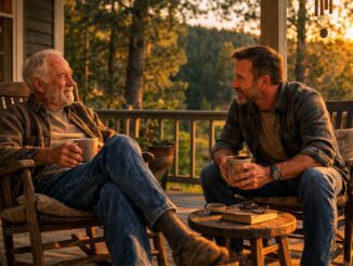 Two men talking on a porch.
